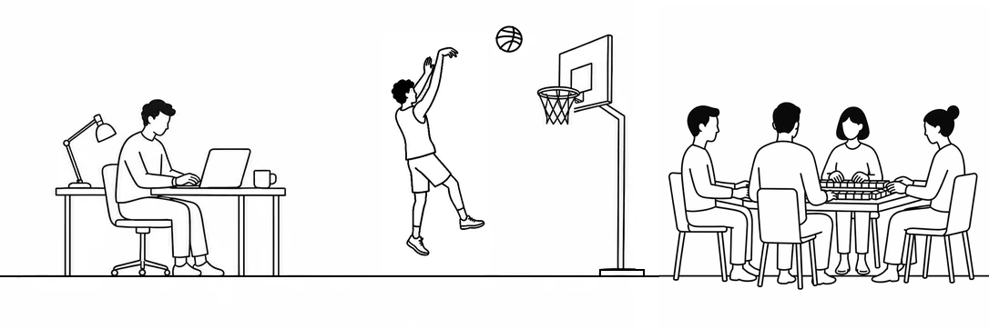 Black line drawings of software development, a basketball fadeaway shot, and mahjong sharing one horizon